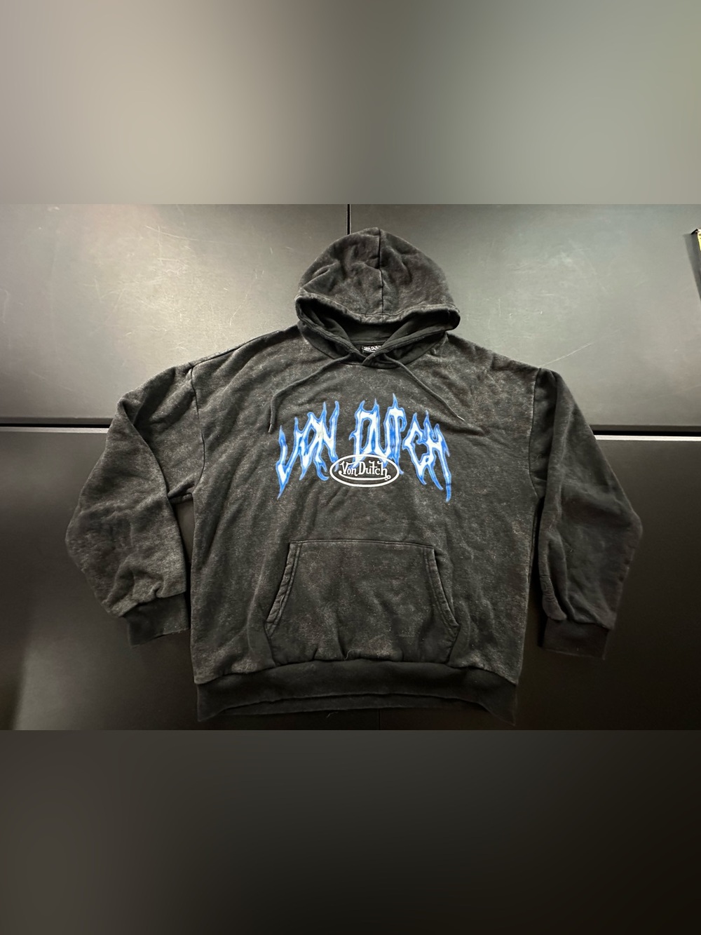 Von Dutch Black Hoodie with Blue Flame Graphic
